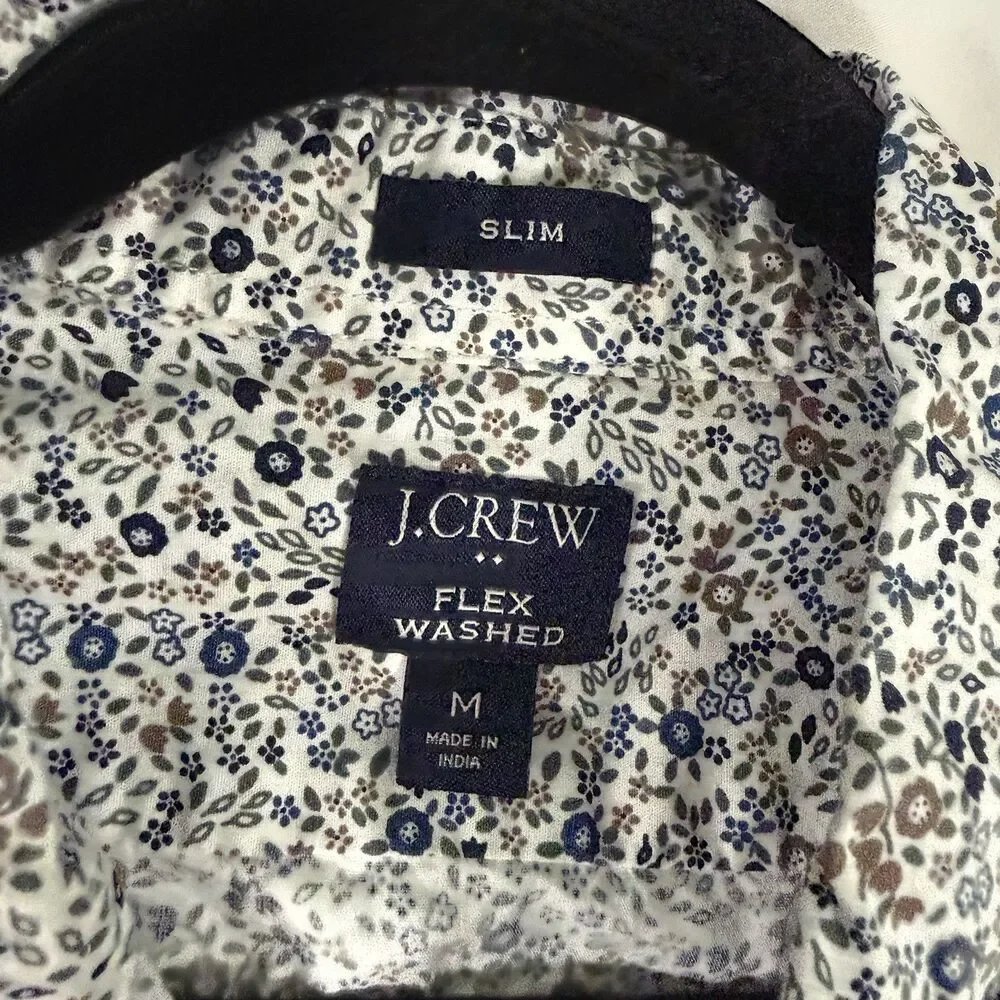 J. Crew Flex Washed Dress Shirt Men's Medium White Floral Slim Button Up Long Sl